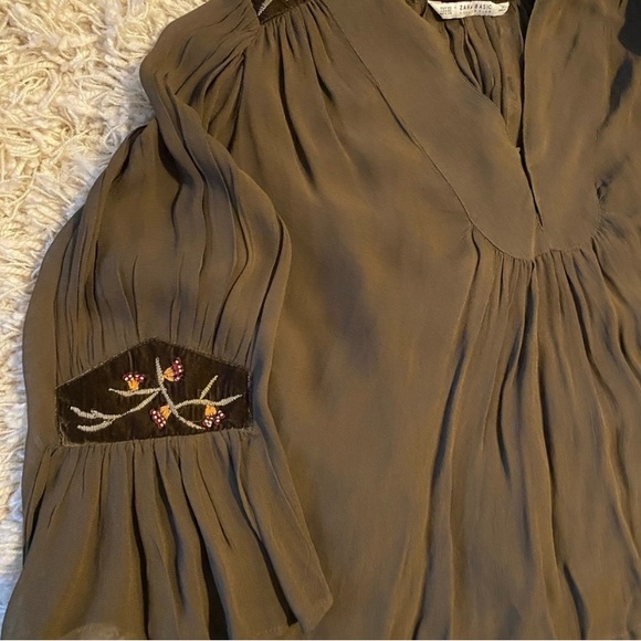 ZARA BASIC Silk Velvet Beads Embroidery Kimono Tunic Top Olive, size XS - Picture 15 of 16